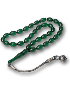 Katre46 Gümüş Yeşil Kazaz Püsküllü Sıkma Kehribar Tesbih