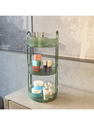3 Katlı Makyaj Organizeri Kozmetik Aksesuar Düzenleyici Kozmetik Vitrini Yuvarlak (Zümrüt Yeşil)
