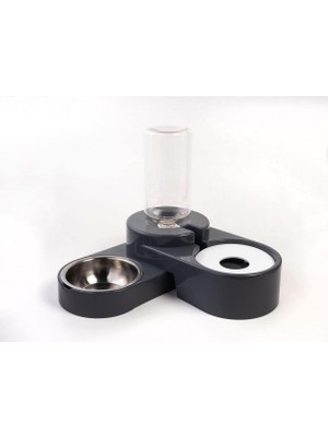 Miapet Köşeli Ayarlanabilir Hazneli Çelik Taslı Kedi-Köpek Mama ve Su Kabı Seti 1000ML Gri