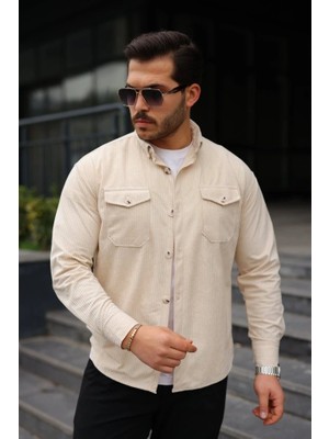 Erkek Uzun Kollu Cepli Kadife Gömlek