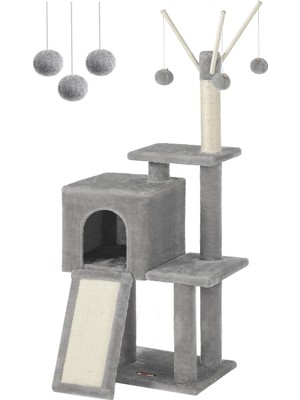 Feandrea PCT143W01 Kedi Ağacı, Tırmalama Tahtalı, 3 Çıkarılabilir Ponpon Çubuğu, 118 Cm, Açık Gri