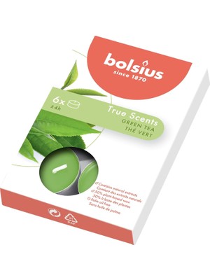 VENTO STORE Bolsius Kokulu Tealight Mum, Yeşil Çay Kokulu, Yeşil Renkli, 6'lı Paket, 4 Saatlik Yanma Süresi - Ev
