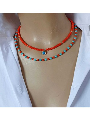 Sinem Şanlı Lina Turuncu Kristal & Havlit Taşlı Altın Kaplama Ikili Kolye