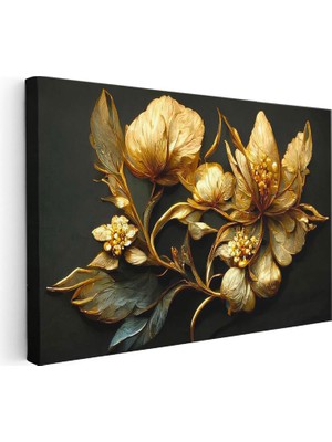 Tablofest Yatay Kanvas Tablo Metalik Görünümlü Çiçekler Çiçek Tablosu Ev Ofis Duvar Dekoru