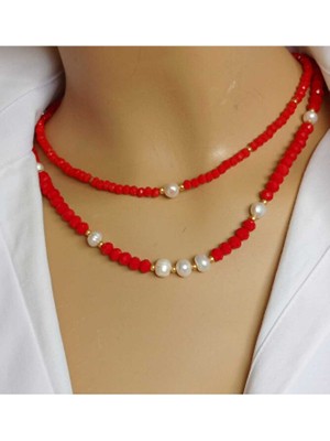 Sinem Şanlı Tatlı Su Incisi & Kırmızı Kristal Boncuk 2 Sıralı Tasarım Kolye