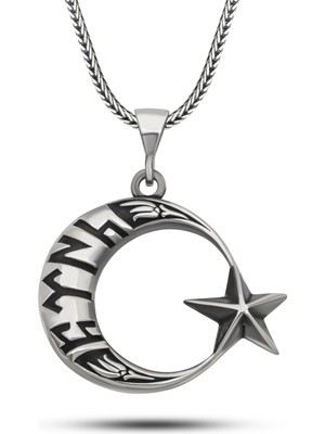 Katre46 Gümüş Göktürkçe Yazılı Ay Yıldız Erkek Kolye