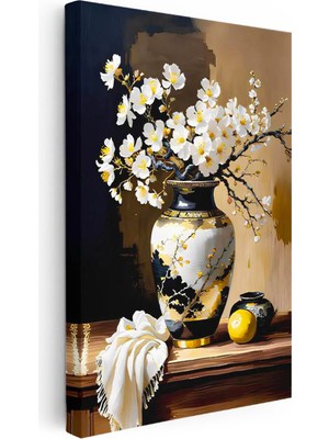 Tablofest Dikey Kanvas Tablo Motifli Vazoda Bahar Çiçeği Çiçek Tablosu Ev Ofis Duvar Dekoru