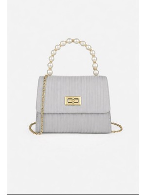 Özüm Takı Çanta Kadın Inci Sap El ve Omuz Kol Çantası Gri