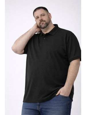 Erkek Pike Kumaş Düğmeli Yaka Battal Büyük Beden Günlük Kısa Kol Tişört T-Shirt - Siyah