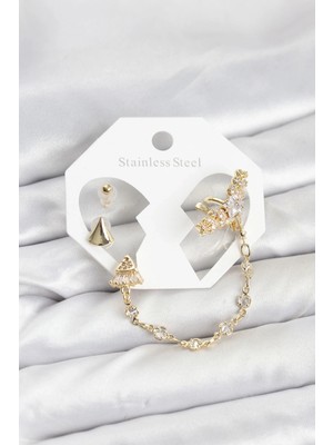 Üreticiniz Pirinç Gold Renk Yıldızlı Model Zincir Bağlantılı Ear Cuff Küpe Seti