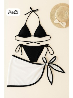 Femina Trendy Kadın Siyah Beyaz Pareolu Yandan ve Boyundan Bağlamalı 3'lü Bikini Takımı