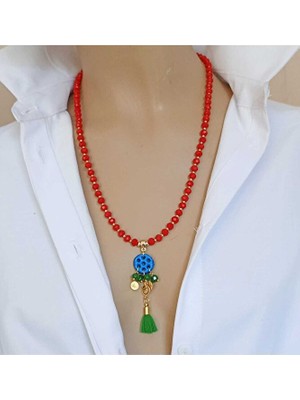 Sinem Şanlı Kırmızı Kristal Boncuklu Süryani Taşı Kolye – Ipek Püsküllü El Yapımı Tasarım