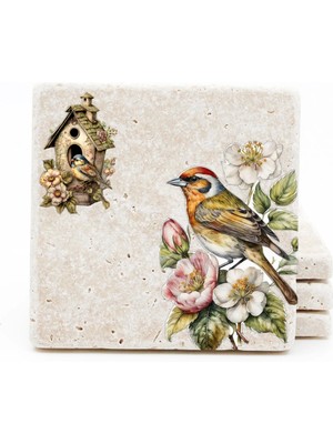 BiveSa Kuş - Yuva - Çiçek Temalı Doğal Taş Bardak Altlığı 4'lü Set