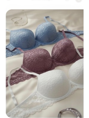 Trend Dokunuş Kadın Dantelli Destekli Mavi-Gülkurusu-Ekru 3'lü Sütyen Takımı