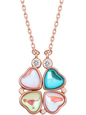 Erseyy 925 Ayar Gümüş Rose Renkli Açılabilen Yonca Kadın Gümüş Kolye