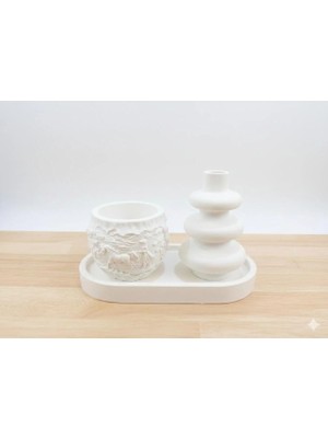 3'lü El Yapımı Dekoratif Obje Seti Vernikli Taş Tozu Saksı, Vazo ve Oval Tepsi