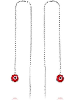 Katre46 925 Ayar Gümüş Zincirli Kırmızı Nazar Küpe