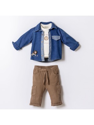 Cocosiss Lion Nakışlı Denim Ceket 3'lü  Erkek Çocuk Takım