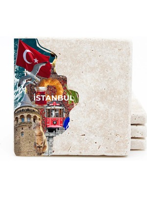 BiveSa Istanbul Temalı Doğal Taş Bardak Altlığı 4'lü Set