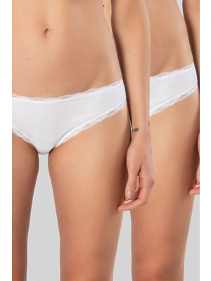 Kom Türen Kadin Likrali Ribana Dantelli Bikini Külot 2'li Paket 928/BEYAZ