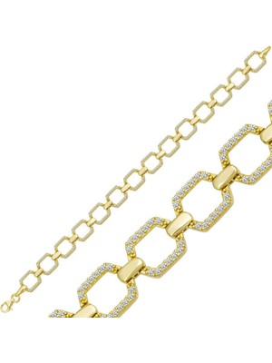 Erseyy 925 Ayar Gümüş Gold Kare Taşlı Kadın Bileklik