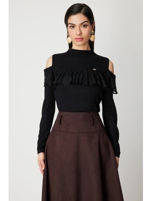 On Triko Omzu Açık Tül Detaylı Triko Kazak 60475