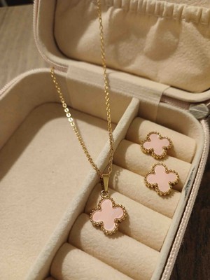 Güneş Takı 316L Çelik Gold Pembe Küpe Kolye Seti