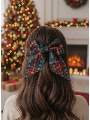 Toka Delisi El Yapımı Yeşil Kırmızı Ekoseli Model Fiyonk Toka, Kırmızı Yılbaşı Toka, Sevgililer Günü Kadin Toka