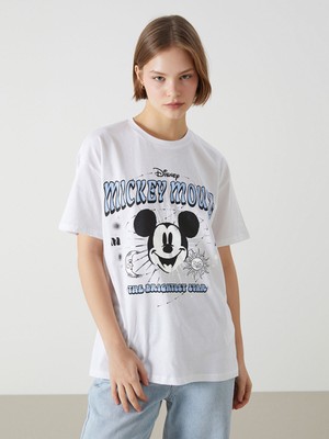 Lc Waikiki Yeni Sezon Bisiklet Yaka Mickey Mouse Baskılı Kadın Tişört