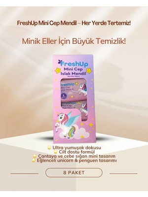 Yonca Outlet Freshup Mini Cep Islak Mendil 8’li Paket – Çocuklar Için Unicorn & Penguen Desenli, Cilt Dostu, Taşınabilir