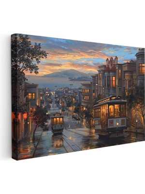 Tablofest Yatay Kanvas Tablo San Francisco Tramvay ve Yokuş Yol Şehir ve Mimari Tablo Ev Ofis Duvar Dekoru