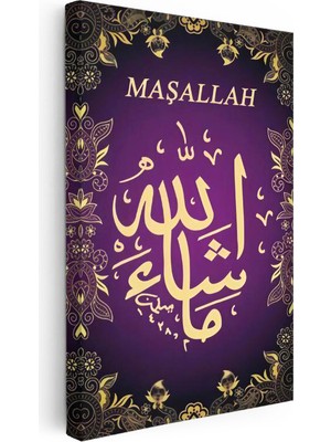 Tablofest Dikey Kanvas Tablo Maşallah Yazısı Mor Zemin Süslemeli Dini Islami Tablo Ev Ofis Duvar Dekoru