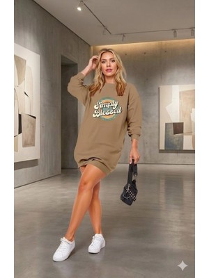 Defy Moda Kadın Uzun Kollu Bisiklet Yaka Yazılı Viskon Iki Iplik Elbise