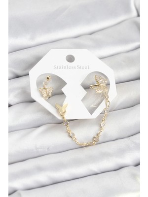 Üreticiniz Kelebek Model Pirinç Gold Renk Zincir Bağlantılı Ear Cuff Küpe Seti