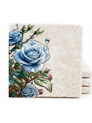 BiveSa Mor Gül Temalı Doğal Taş Bardak Altlığı 4'lü Set