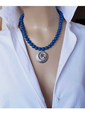 Sinem Şanlı Petrol Mavisi Cam Boncuk Çelik Uç Detaylı 42 cm Kadın Kolye