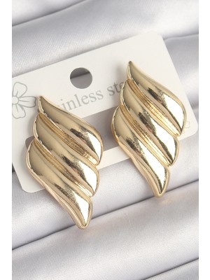 Bsre Pirinç 3 Sıralı Dalgalı Figürlü Kadın Küpe (Gold Renk)