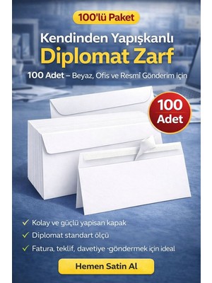 Anı Ofis Kırtasiye Kendinden Yapışkanlı Diplomat Zarf 100 Adet Beyaz Renk Ofis ve Evrak Gönderimi İçin