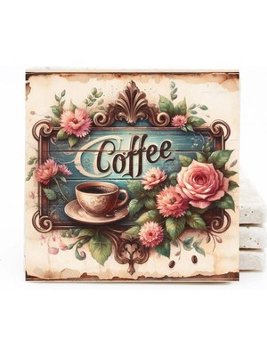 BiveSa Kahve ve Çiçek Temalı Doğal Taş Bardak Altlığı 4'lü Set