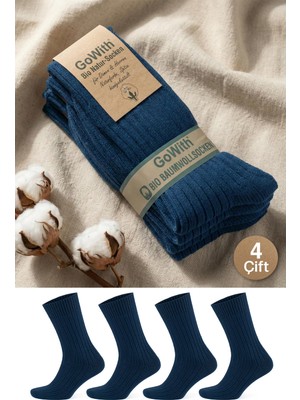 Gowith 4 Çift Kadın Erkek Lacivert Bio Naturel %100 Doğal Pamuklu Ribana Örgü Dikişsiz Dört Mevsim Soket Çorap 3012