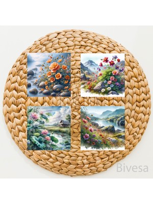 BiveSa Çiçek - Dağ - Nehir Temalı Doğal Taş Bardak Altlığı 4'lü Set