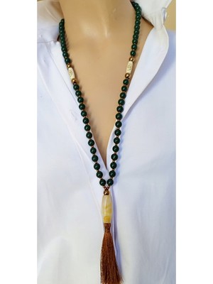 Sinem Şanlı Leyla Yeşil Cam Boncuk Hematit Taşı Ipek Püsküllü Otantik Kolye