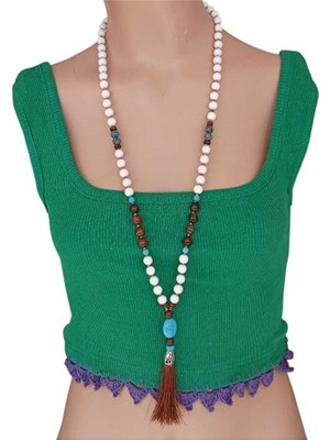 Sinem Şanlı Retro Turkuaz, Akik ve Jade Doğal Taşlı Uzun Kolye – Ipek Püsküllü El Yapımı Tasarım