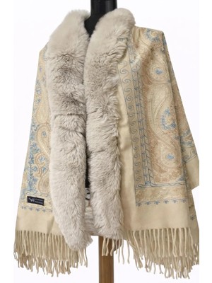 NQ Tilki Kürkü Yakalı Işlemeli Kaşmir Şal