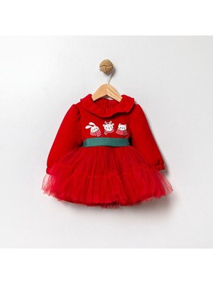 Cumino Cındy Üst Şardonlu Yeşil Kemerli Kırmızı Tütülü Kız Bebek Elbise