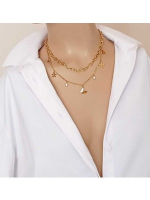 Sinem Şanlı Kelebek ve Çiçek Detaylı 316L Çelik Iki Sıralı Kolye