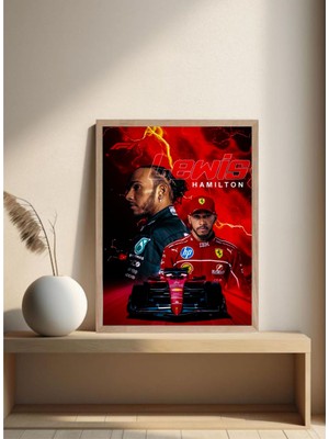 F1 Lewis Hamilton Doğal Ahşap Çerçeveli Tek Parça Dekoratif Tablo