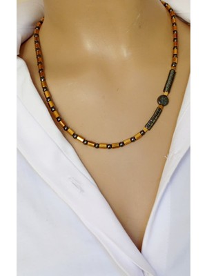 Sinem Şanlı Hayat Enerjisi Erkek Doğal Taş Kolye – Gold & Füme Hematit Taşı, Hayat Ağacı Detaylı