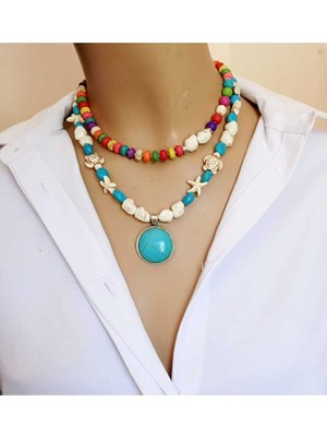 Sinem Şanlı Turkuaz Taşlı Renkli Boncuklu El Yapımı Ikili Yaz Kolye