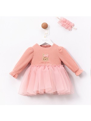 Cumino Pink Rabbit Tokalı Kız Bebek Elbise